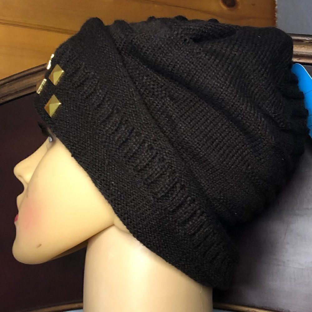 Brown Slouch Beanie with Gold Studs - Picture 2 of 2